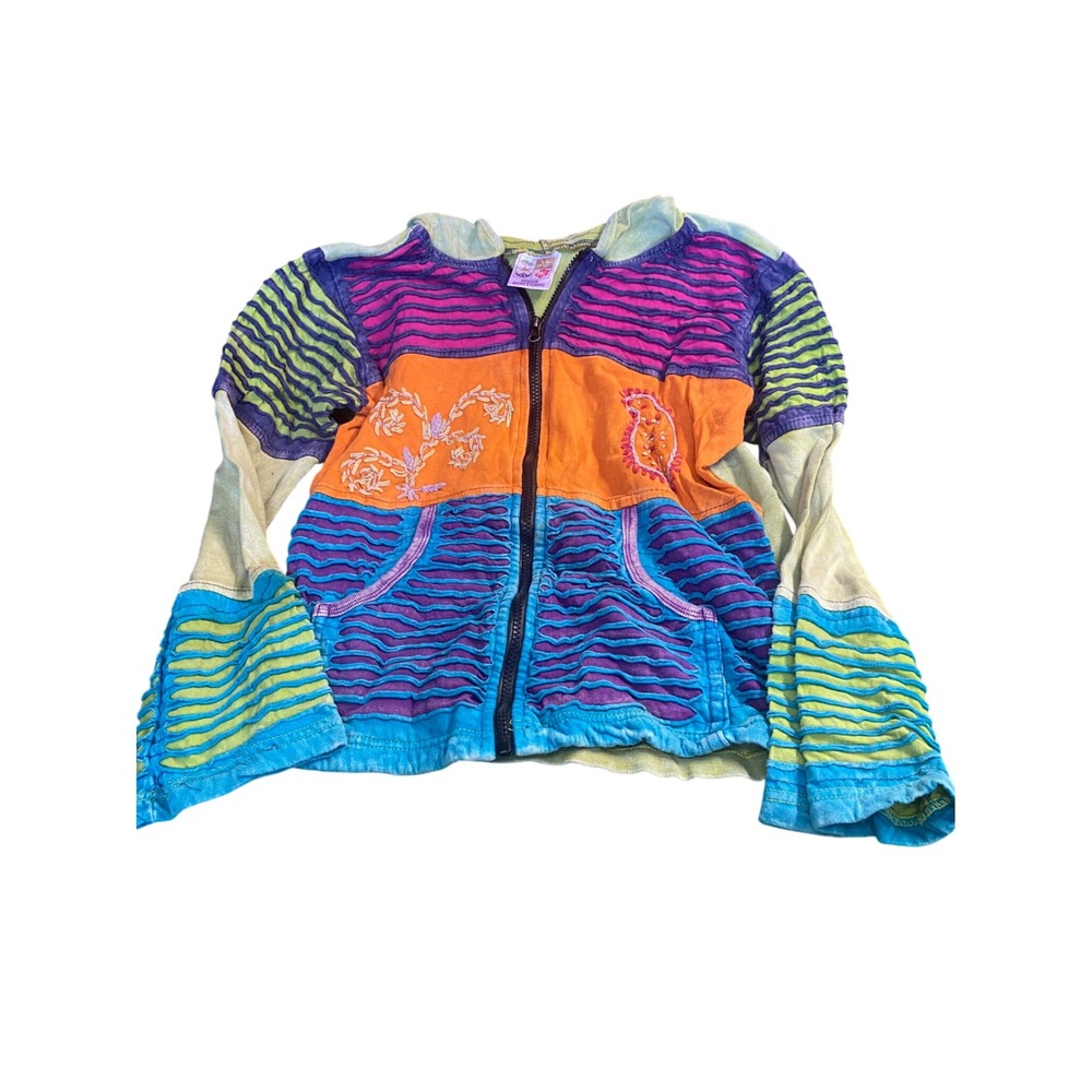 India Boutique Boho Hippie Embroidered Patchwork Zip Up Hoodie Jacket Women's M